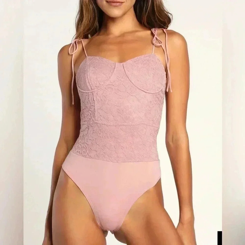 Crazy Love Mauve White Lace Tie-Strap Bustier Bodysuit Sz S